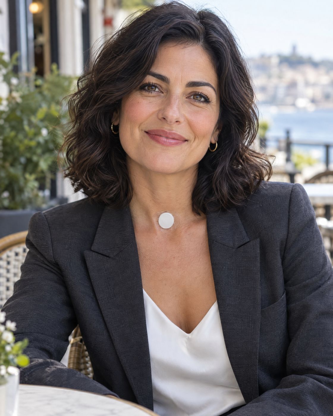 A smiling woman in her early forties in a tailored blazer sits at a cafe table, an HME visible at the base of her neck.
