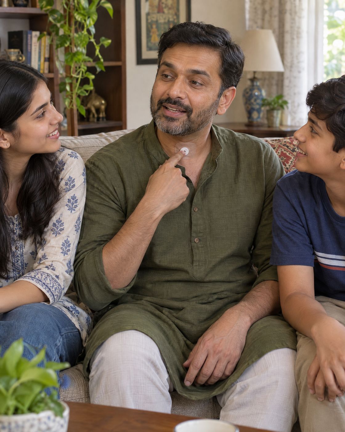 A father touches the HME at his neck as he speaks, while his two teenage children listen beside him on the sofa.